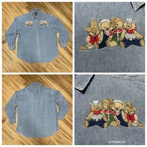 VTG 90s Let's Quizz Again NewYork Embroidered Western TeddyBears Chambray| Sz.XL